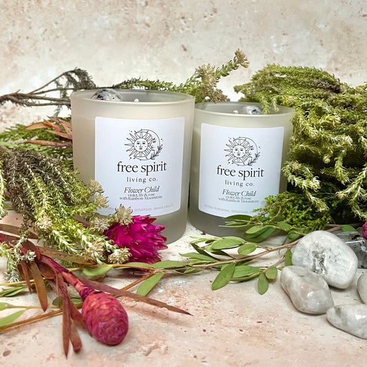 Flower Child | Violet, Lily & Rose Candle Infused with Rainbow Moonstone